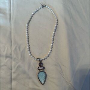 Pearl Necklace With Blue Pendant